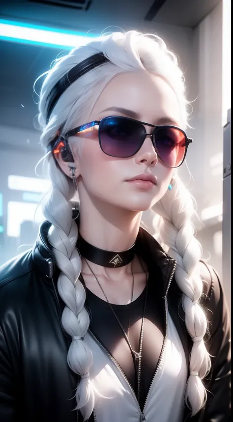 white clothes, white skin, white hair, long braids, cyberpunk, golden eyes, （wearing sunglasses）（wearing headphones）looking up, ...