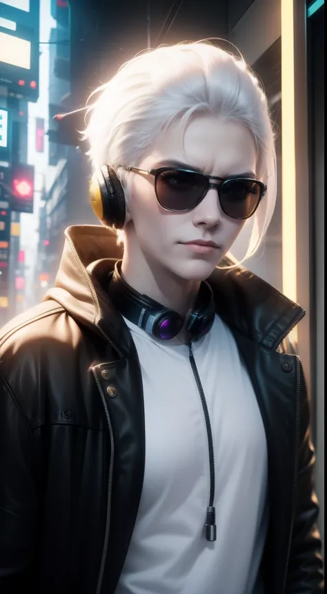 pale yellow clothes, white skin, white hair,cyberpunk, golden eyes, （wearing sunglasses）（wearing headphones）looking up, upper bo...