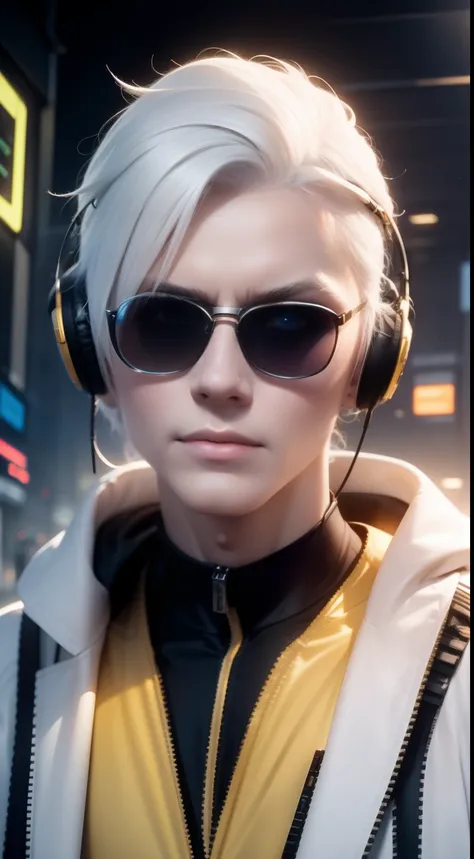 pale yellow clothes, white skin, white hair,cyberpunk, golden eyes, （wearing sunglasses）（wearing headphones）looking up, upper bo...