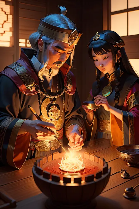 Illustrate a chinese emperors court where alchemists and mystics search for the elusive potion.