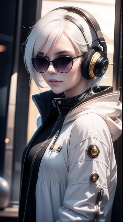 woman with，golden-white hair，（wearing sunglasses）（wearing headphones）,,,black space suit