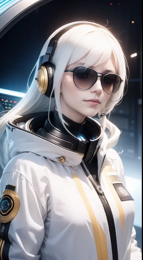 woman with，golden-white hair，（wearing sunglasses）（wearing headphones）,,,black space suit