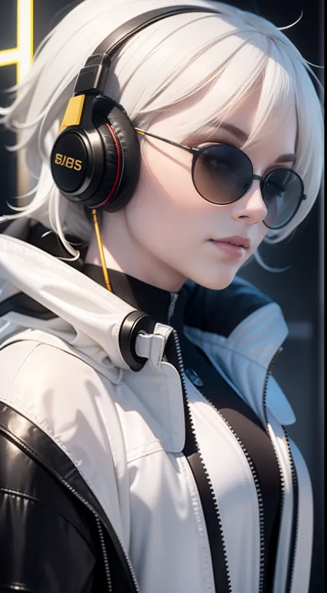 woman with，golden-white hair，（wearing sunglasses）（wearing headphones）,,,black space suit