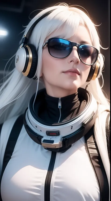 woman with，golden-white hair，（wearing sunglasses）（wearing headphones）,,,black space suit