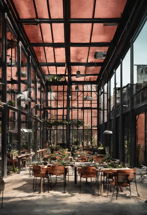 Design a warehouse building with a greenhouse on top.  Haz de la mitad inferior delantera un restaurante de moda.  La mitad inferior exterior debe ser de ladrillo oscuro y metal..