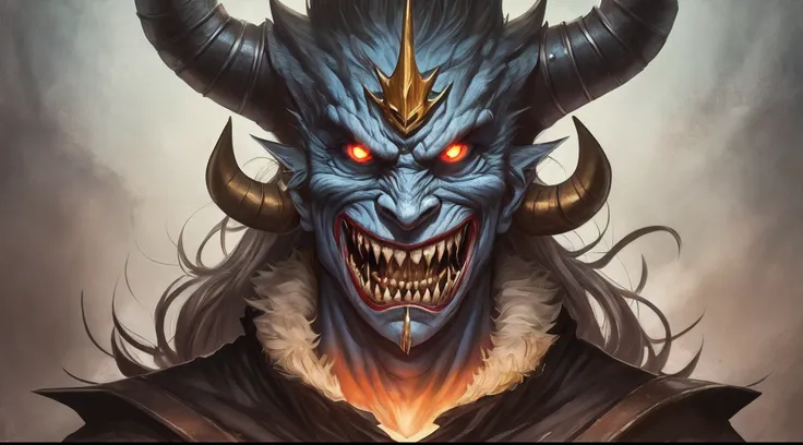 an ugly looking guy, looks like an evil monster man, no brainer , long dark teeth, three horns, diamond crown on head, black eyes, Chad. --auto --s2