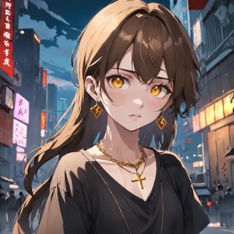 16 years old girl Wolftail mullet head short brown hair earrings Golden pupils Black ripped blouse Culottes Cross necklace