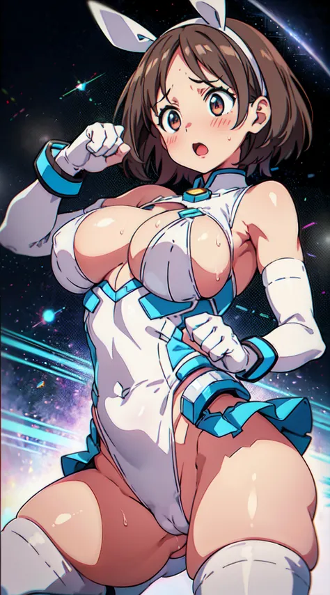 hiquality、16 K、((1girl in))、((Huge breasts)), ((Forehead)), Parted bangs hair, srestrained, blush,Short hair, Brown eyes,Brown hair,Sweat,(White Long Gloves),OL 、highleg leotard,((White and light blue leotard))、(((((Surprised)))))、((((( are protruding)))))...