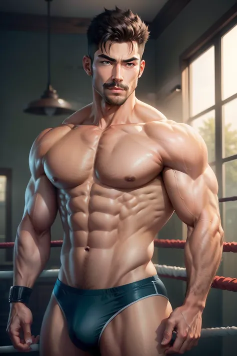 short detailed hair, photorealistic perfect body, Muscular, Handsome boy, Asian male, Muscular, Shirtless ，High detail, Lean and muscular, Detailed body, Muscle men ，Man, Handsome anime pose, Muscular body，Wearing clogs，There is chest hair，Has ventral hair...