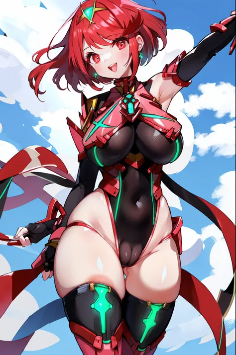 pyra (xenoblade), teen_1girl, loli, armor, bangs, black gloves, breasts, red eyes, light_open_mouth, earrings, eyelashes, fingerless gloves, floating hair, framed breasts, gem, gloves, hair ornament, headpiece, jewelry, big_breasts, leaning back, swimsuit,...