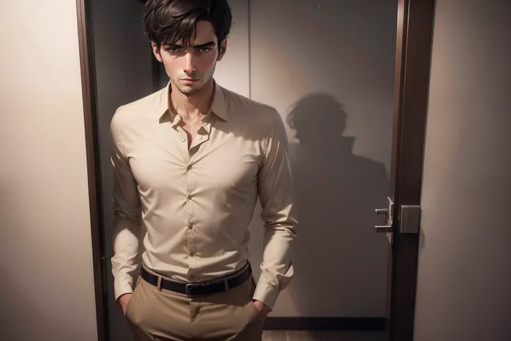 Ultra realistic 8k image of a slim 25 year old man, short black hair, dressed in a beige button-up shirt and beige pants, standing in a hotel room with dirty walls, pensive expression