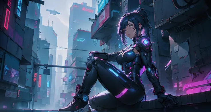 Anime girl sitting on shelf in futuristic city with neon lights, Digital Cyberpunk Anime Art, anime cyberpunk art, digital cyberpunk - anime art, cyberpunk anime art, female cyberpunk anime girl, Cyberpunk Anime Girl, Cyberpunk anime girl mecha, modern cyb...