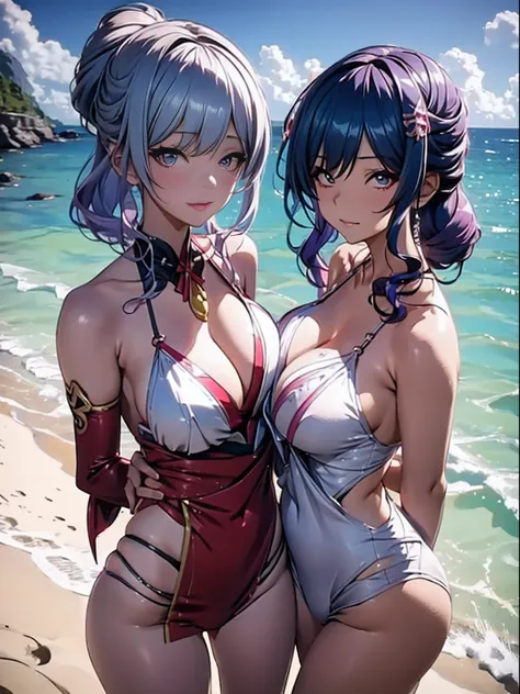 Two women in bikinis pose for a photo on the beach, seductive anime girls, beautiful and seductive anime woman, Guviz-style artwork, Perfect white haired girl, Guviz, Beautiful anime girl, ross tran. scenery background, in beach, Beautiful anime woman, tre...