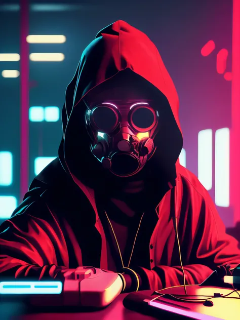 Theres a man in a gas mask sitting at a table, hacker cyberpunk, personagem cyberpunk, estilo de arte cyberpunk, Cyberpunk Rua Goon, cara cyberpunk, estilo cyberpunk hiper-realista, cyberpunk with neon lighting, estilo cyberpunk horror, em estilo de bipe, ...