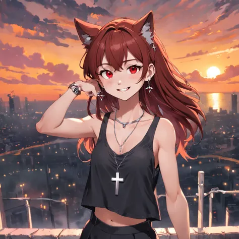 16 years old girl Wolf tail mullet head medium brown hair Red hair tail earrings Dark gray pupils Black ripped top Culottes Silver cross necklace Lively and smiling sunset background Lollipop