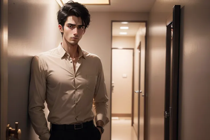 Ultra realistic 8k image of a slim 25 year old man, short black hair, dressed in a beige button-up shirt and beige pants, standing in a hotel room with dirty walls, pensive expression