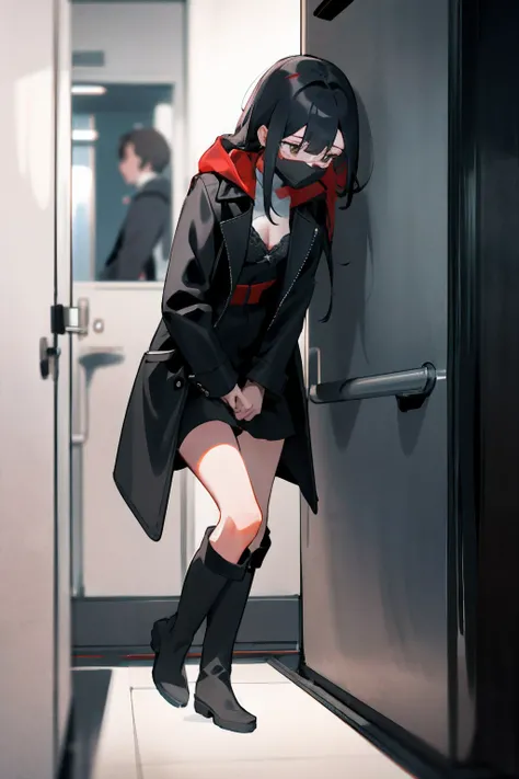 1 girl in black leather coat,white long boots，1 girl is taking to lavatory，looks away，are standing，embarressed，Be red in the face，Keep ones mouth shut，street corner（girl is peeing self：0.4），Riding boots，White bra