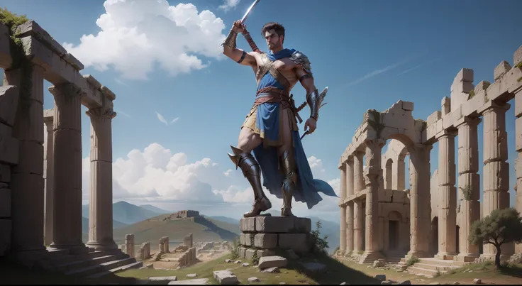 Aeson, the legendary greek hero, stands atop a mountain of ancient ruins, his sword held high in the air.