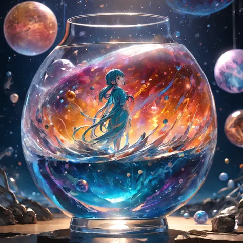 Universe in a glass, the entire universe contained inside a glass, planets and galaxies in a glass, wooden dining table, super realistic, hyper detailed, dramatic lighting, 4k, ultra hd, realistic, vivid colors, highly detailed, UHD drawing, pen and ink, p...