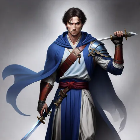 Wearing a blue robe，The contents of holding a long sword in his hand