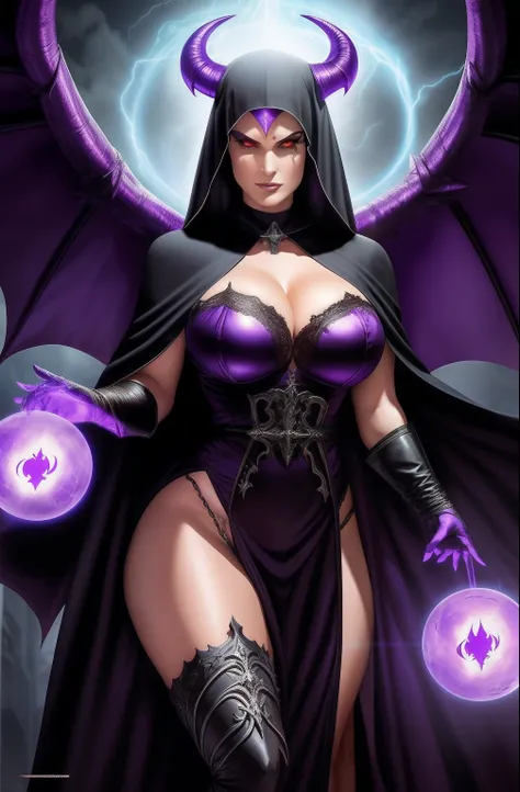 Lisa Ann: The evil nun, Demon horn, Demon wings on the head , sexy robe de nonne, His hands preparing a sphere of purple energy, diabolique, insidieux, His powerful magic hits the buildings of a city , Context of the Satanic Church, detailled eyes, detaile...