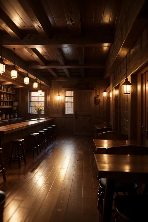 Rustic Tavern with soft yellowish lighting, with rain outside among the trees.