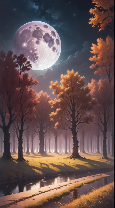 there is a painting of a field with trees and a full moon, digital art by Vladimir Kush, tumblr, digital art, autumn night, calm night. digital illustration, moonlit night dreamy atmosphere, whimsical fantasy landscape art, moon landscape, surreal gedimina...