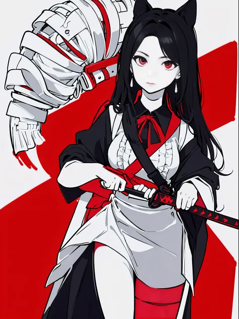 Monochrome, red background, 1girl, hanging a katana sword, (from front: 1.3),