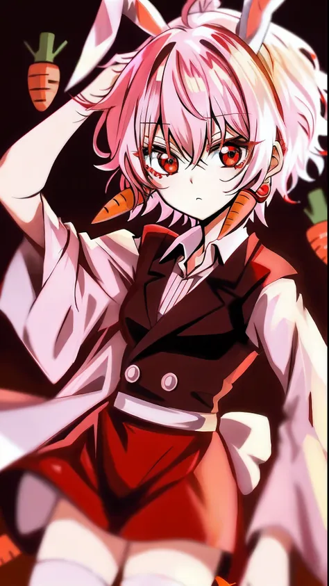 Red eyes，bunny ears，white color hair，Shy，devil horns，short detailed hair，Carrot headdress，nakeness