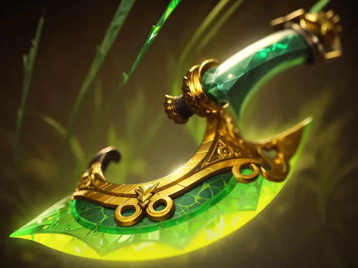 There is a close-up of a green dagger，The dagger has gold decorations on it，With gold handles, glowing green soul blade，White jade handle