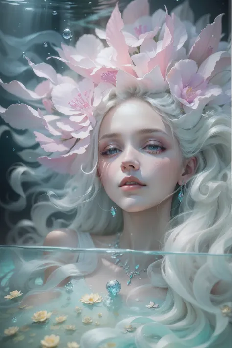 Oil paints，acrycle painting，tmasterpiece，Renaissance style，best qualtiy，Underwater glass palace，1 beautiful girl dressed in white，fabulous，، simple，pastel colour，Reinhart Miekel，ethereal fairytale, Ethereal beauty, monia merlo, style of karol bak, miss ani...