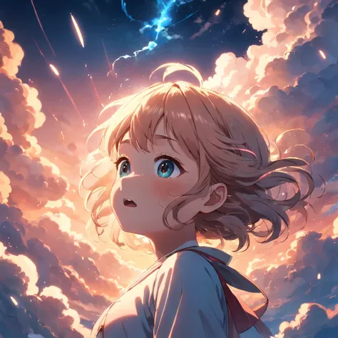 masterpiece, best quality, movie still, 1girl, cloud girl, floating in the sky, close-up, bright, happy, warm soft lighting, sunset, (sparks:0.7)