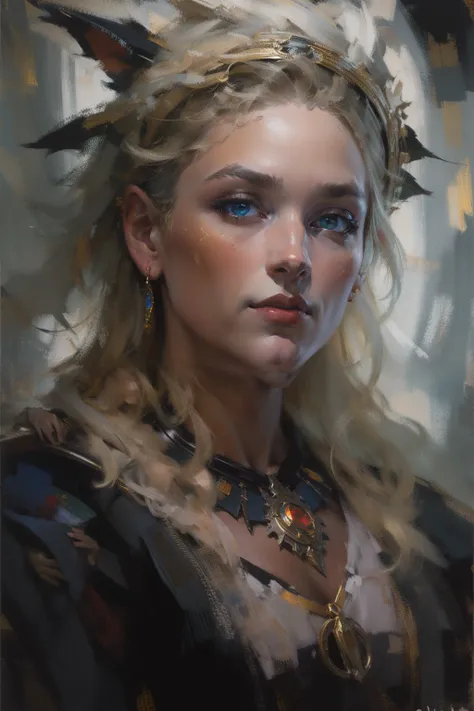 oil painted，Oil paints，acrycle painting，tmasterpiece，Renaissance style，best qualtiy，Illustration of a portrait of a Nordic goddess，Artgerm style，Dark fantasy、DnD（dungeons and dragons），Layered、Chiaroscuro lighting、Charlie Bovoort and Dino Vals style、Detaile...