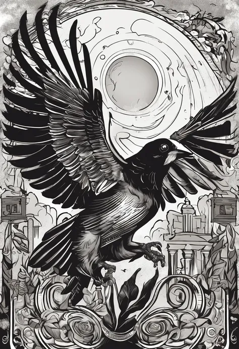 Black and white illustration Book-style border The content is a crow with a dagger