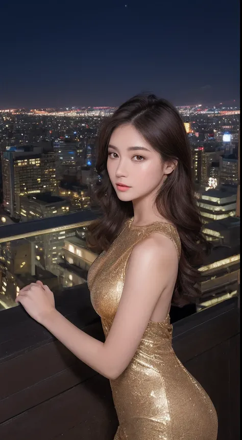 ((Midnight, Excellent, 8K, Masterpiece: 1.3)), Full body, Long legs, Focal length: 1.2, Perfect Body Beauty: 1.4, Slim Abs: 1.1, ((Dark Brown Hair, Big Breasts: 1.2 )), (Evening Dress, Standing: 1.2), ((City Night View, Roof: 1.3)), Highly detailed face an...