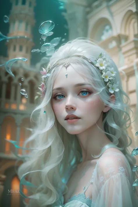 Oil paints，acrycle painting，tmasterpiece，Renaissance style，best qualtiy，Underwater glass palace，1 beautiful girl dressed in white，fabulous，، simple，pastel colour，Reinhart Miekel，ethereal fairytale, Ethereal beauty, monia merlo, style of karol bak, miss ani...