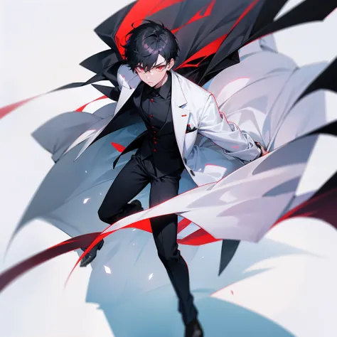 A boy with，Dark black hair，Light red eyes，The outside is draped in a doctors white coat，Inside is a black shirt，Black pantsuit，Full body like