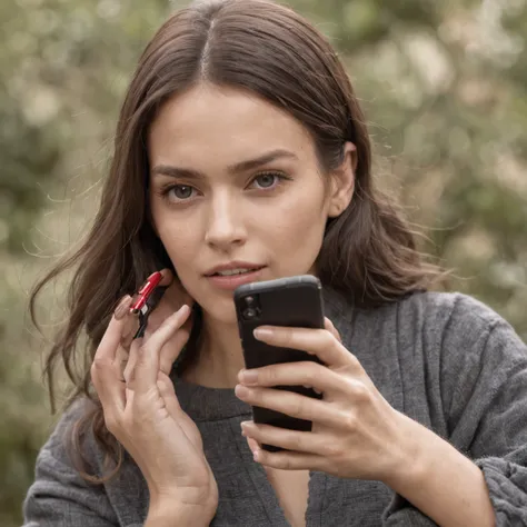 mulher tentando enxergar a tela de um celular extremamente gigante