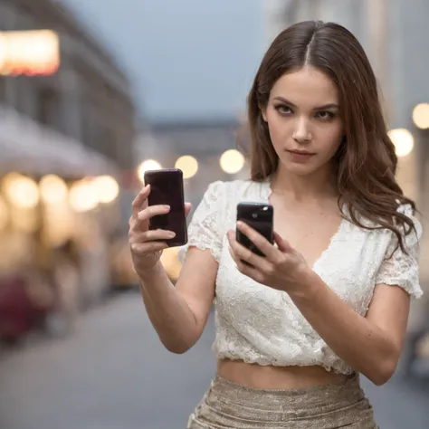 mulher tentando enxergar a tela de um celular extremamente gigante