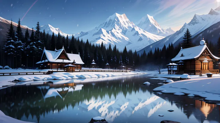 Three wise monks in a peaceful mountain retreat, illuminated by the light of a crystal-clear water well, with a snow-covered Buddhist temple in the background.