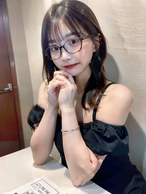 there is a woman with glasses sitting at a table with a cell phone, ulzzangs, With glasses, 8k selfie photograph, jaeyeon nam, Li Zixin, wearing thin large round glasses, taken with sony alpha 9, clear cute face, xintong chen, wearing small round glasses, ...