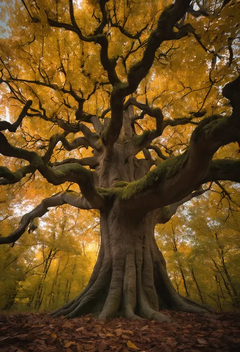 Image of a tall, leafy chestnut tree, with golden yellow and orange leaves, the chestnut tree is in the middle of an enchanted forest. The roots of the chestnut tree extend across the ground and protrude into the earth