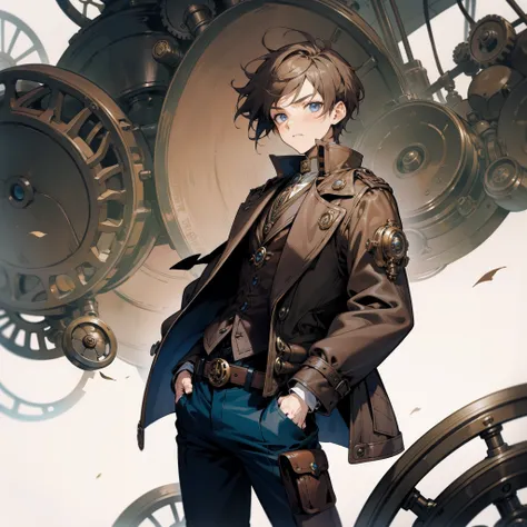 A boy with，Steampunk style clothes，brunette color hair，Dark blue eyes，Surrounded by various machinery，Put your hands in your pockets，Clothes flutter in the wind