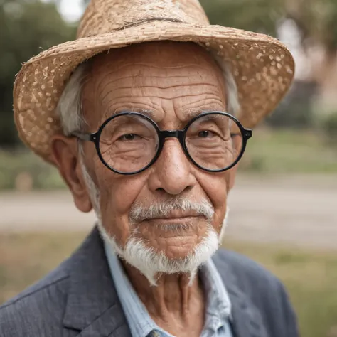 an old man with bigger big glasses, straw hat, com trajes sertanejos