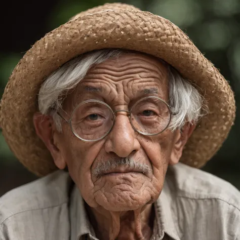 an old man with bigger big glasses, straw hat, com trajes sertanejos