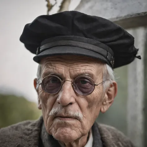 an old man with bigger big glasses, straw hat, with gothic costumes in a spooky setting