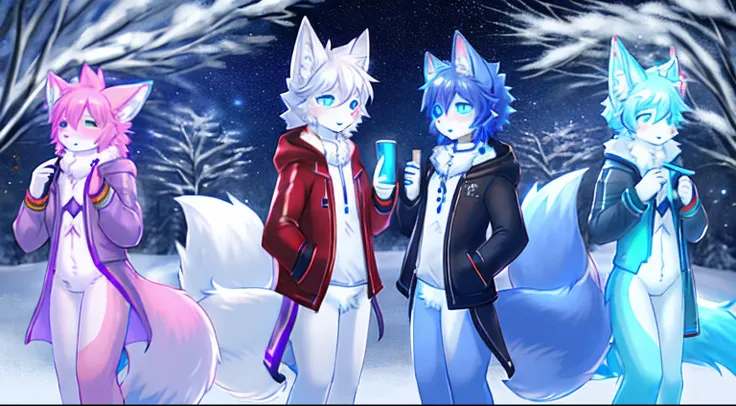 Snow fox（my），fur body，full bodyesbian，Earphone（The color is deep pink），pale-blue（Snow fox），neonlight（Snow fox），UWU，optic（RGB），DJ，with light glowing（optic），4 ears and 2 tails，tmasterpiece，name（stele），Kizi（年轻），jaket（deep Purple），spacetime，softness，collars（As...