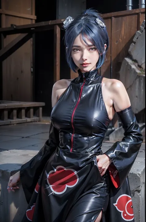 1girl, konan akatsuki in anime naruto, short hair, blue hair, black eyes, smile, beautiful, sexy dress, sexy clothes, black and red clothes, very big breast, realistic clothes, detail clothes, outdoor background, ultra detail, realistic