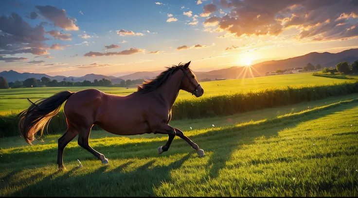 a few horses galloping across the grass, long manes flying, smooth green grassland under the sunset, (super masterpiece), 8k (brilliant light), a stream running around the mountain