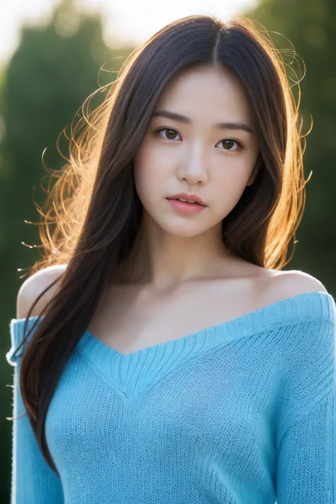 8K, top-quality, ​masterpiece:1.2, realisitic, Photorealsitic, ultra-detailliert, Natural sunlight, Light Knit V-Neck Shirt, extremely detailed face and skin, A detailed eye, Highly detailed face and skin mid-shot, Beautiful woman looking at camera, Chris ...